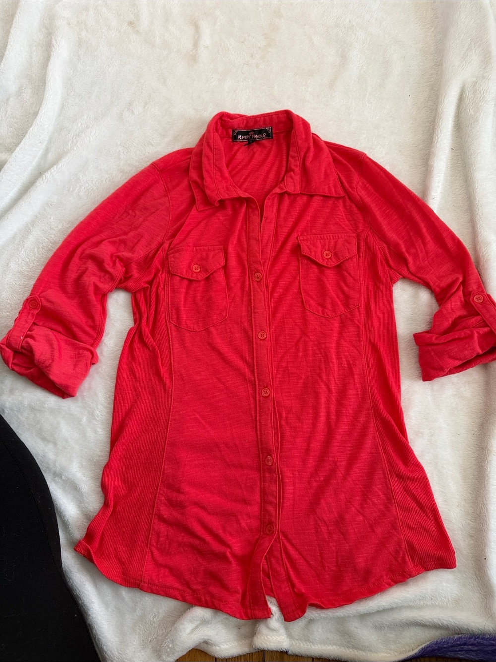 Almost Famous Women's Red Button-Down Shirt with Chest Pockets